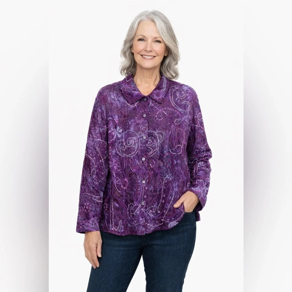 Chico's Purple Silk Embroidered Paisley Button Up Shirt Jacket Size 3 or XL